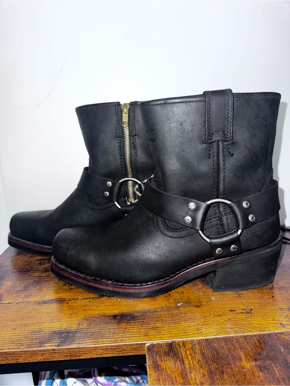 Harley-Davidson Black Leather Ring Harness Ankle Boots NEVER WORN